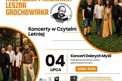 Plakat cyklu koncertów „Muzyczna Panorama Leszna Grochowiaka” z harmonogramem wydarzeń.