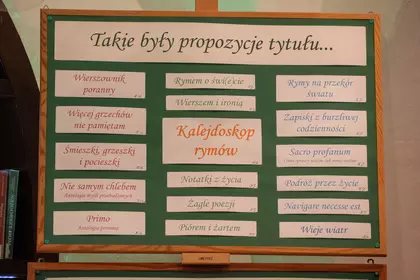 Plansza z propozycjami tytułów książki „Kalejdoskop rymów”.